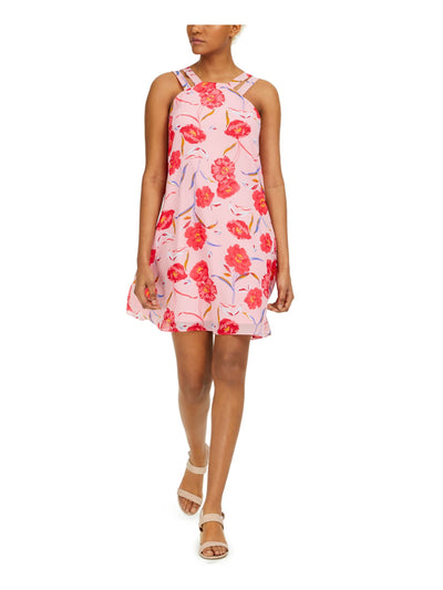 BAR III DRESSES Womens Pink Floral Sleeveless Jewel Neck Short Evening Fit + Flare Dress L