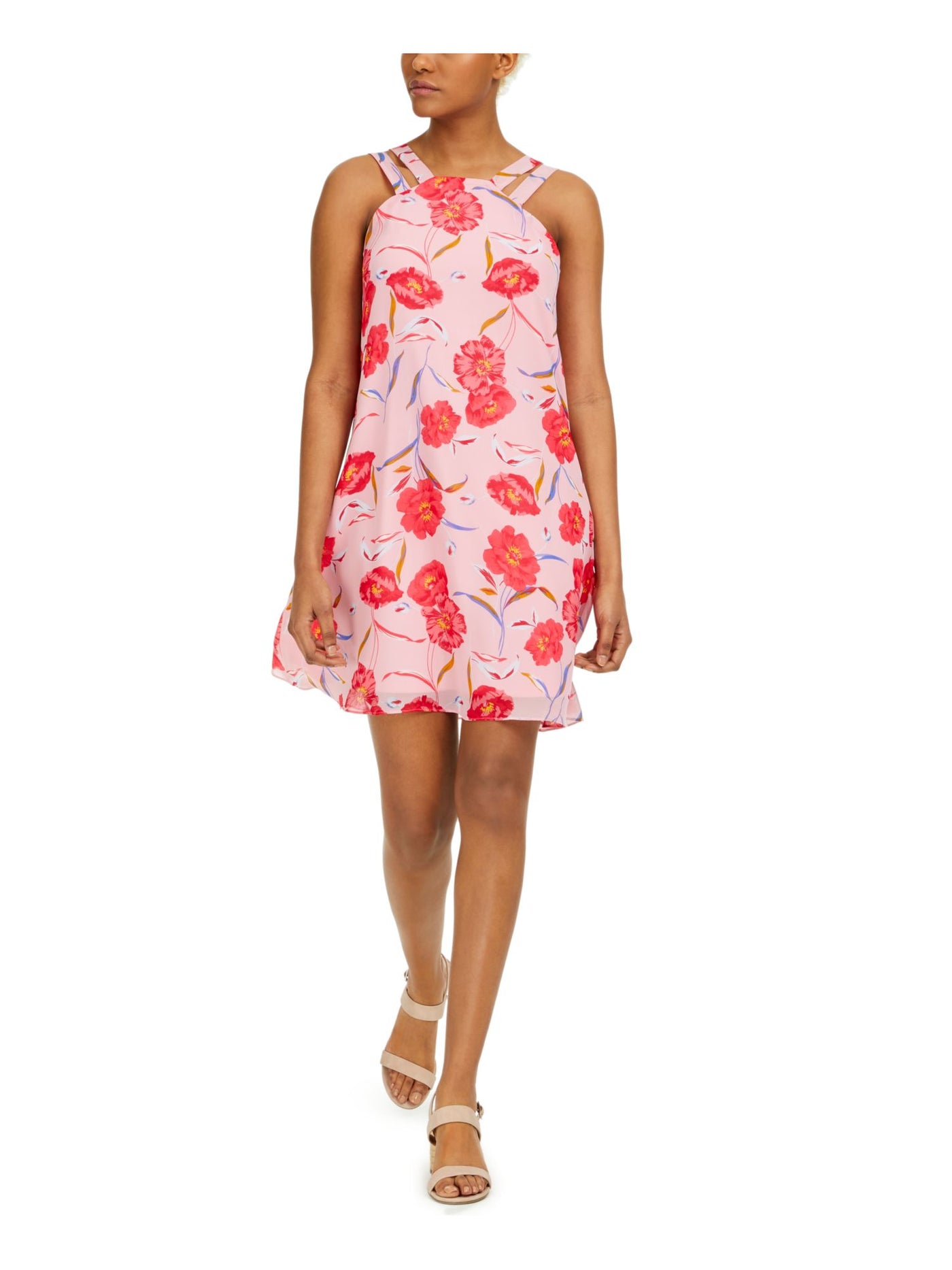 BAR III DRESSES Womens Pink Sheer Lined Floral Sleeveless Square Neck Mini Evening Shift Dress Juniors S