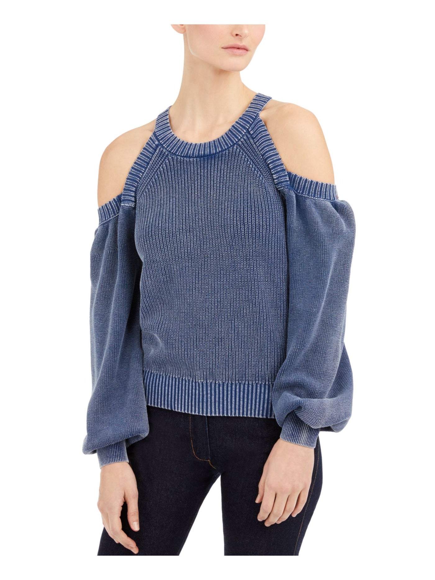 INC Womens Navy Cold Shoulder Heather Long Sleeve Halter Sweater M