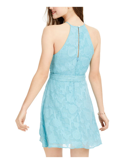 TEEZE ME Womens Light Blue Embroidered Zippered Layered Tie Floral Sleeveless Halter Short Fit + Flare Dress Juniors 15\16