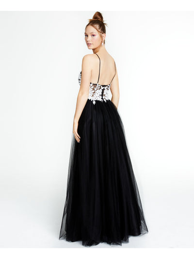 BLONDIE Womens Black Embellished Zippered Mesh Floral-applique Gown Spaghetti Strap V Neck Full-Length Prom Dress Juniors 9