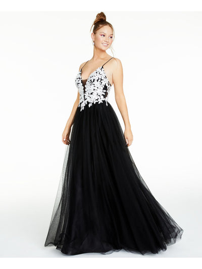 BLONDIE Womens Black Embellished Zippered Mesh Floral-applique Gown Spaghetti Strap V Neck Full-Length Prom Dress Juniors 9