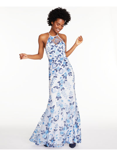 SEQUIN HEARTS Womens Blue Sheer Floral Sleeveless Halter Full-Length Formal Fit + Flare Dress Petites 11