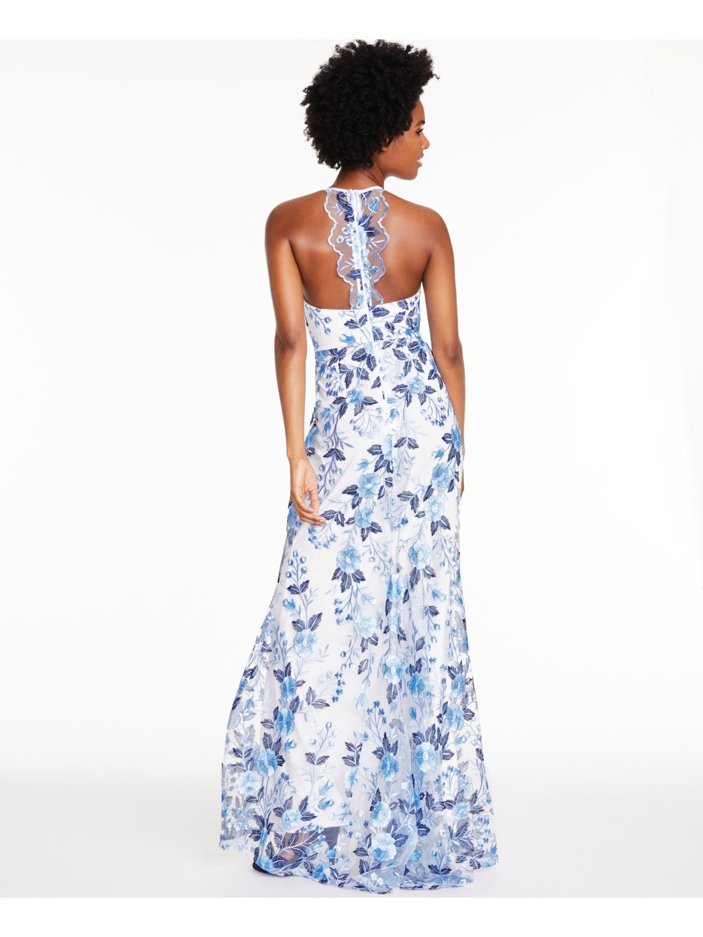 SEQUIN HEARTS Womens Blue Sheer Floral Sleeveless Halter Full-Length Formal Fit + Flare Dress Petites 11