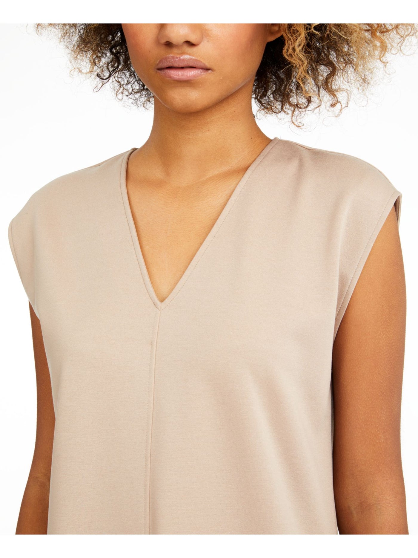 EILEEN FISHER Womens Beige Stretch Cap Sleeve V Neck Above The Knee Shift Dress M