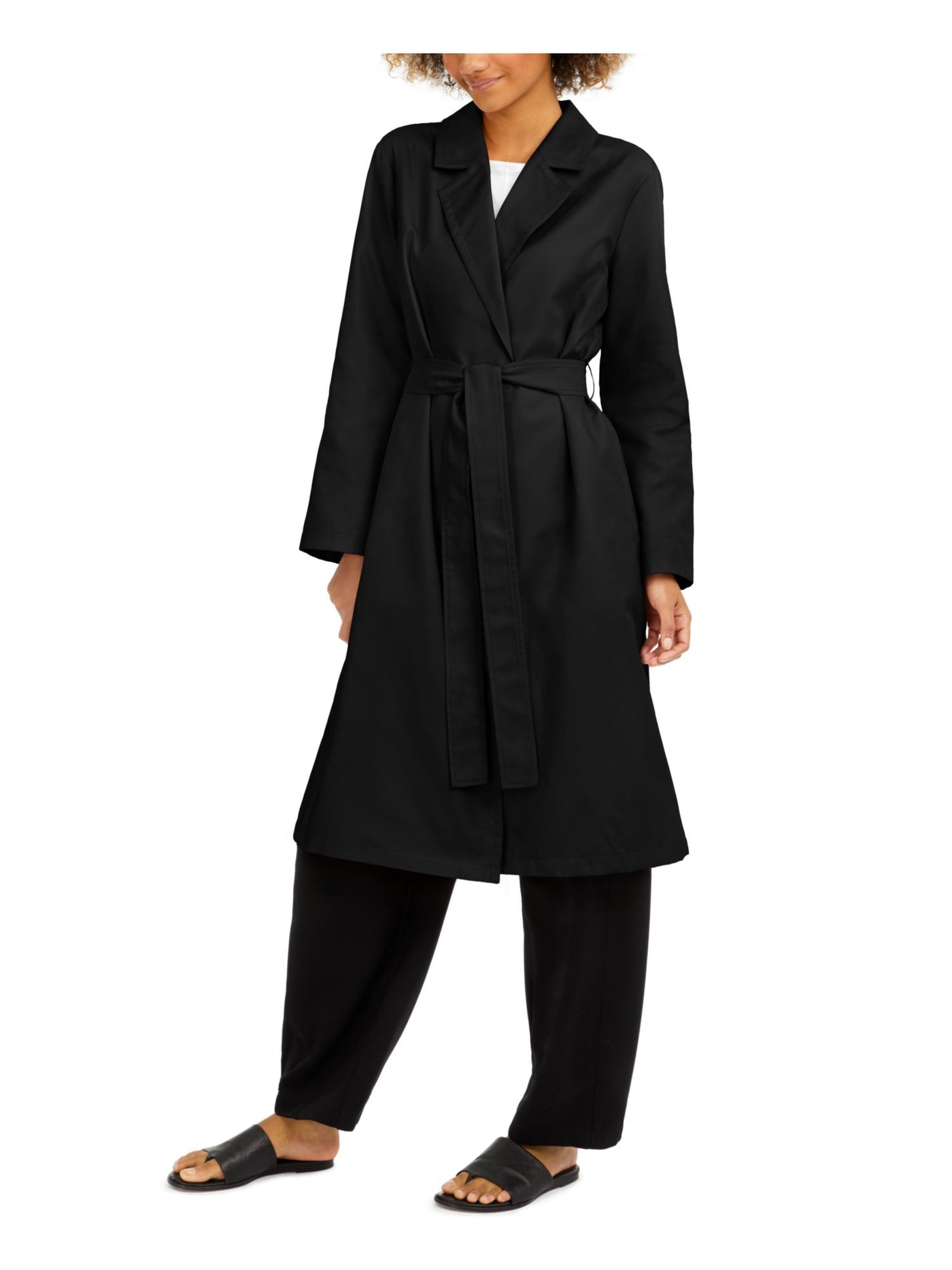 EILEEN FISHER Womens Black Belted Pocketed Trench Coat L