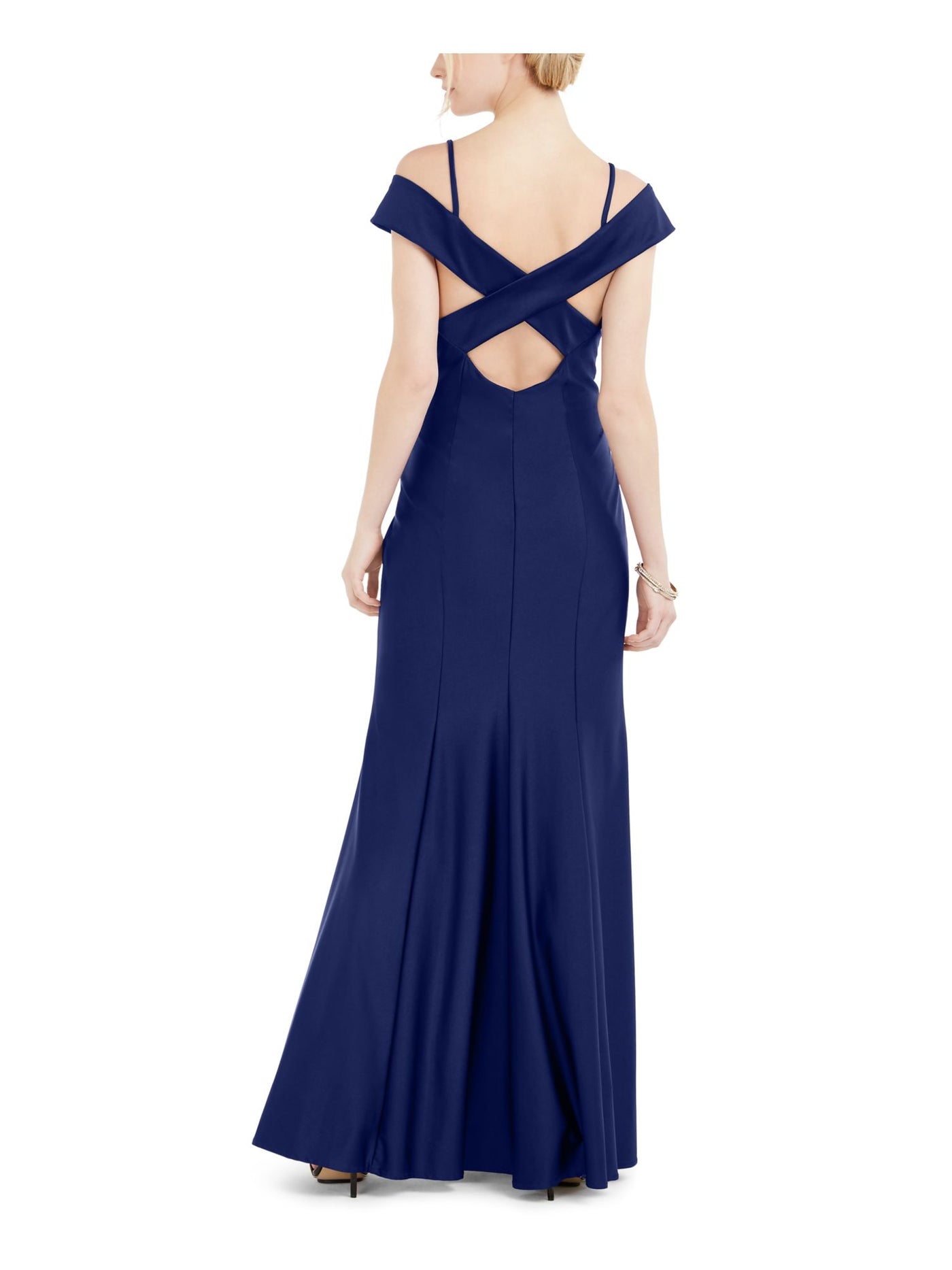 NIGHTWAY Womens Blue Cold Shoulder Crisscross Back Full-Length Evening Dress 10