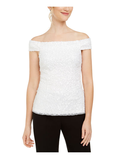 ADRIANNA PAPELL Womens White Sequined Off Shoulder Party Top 6