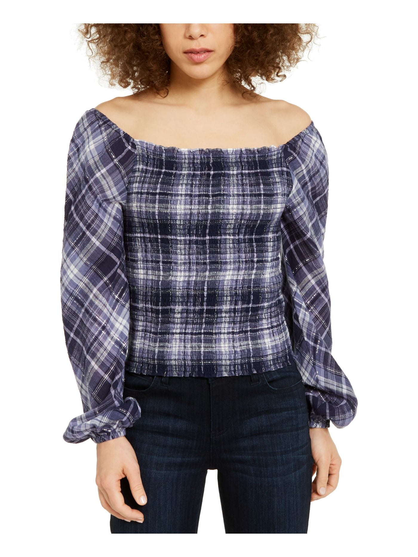 INC Womens Navy Shimmering Plaid Long Sleeve Square Neck Peasant Top Size: S