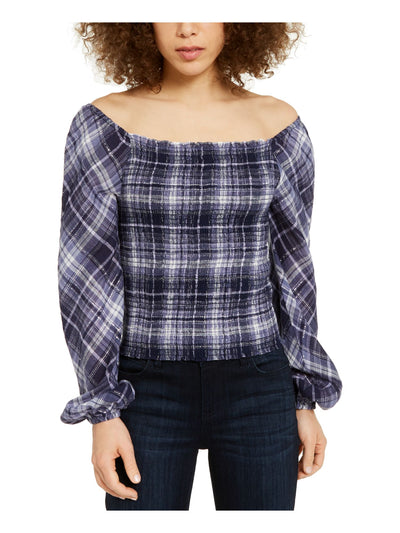 INC Womens Blue Shimmering Plaid Long Sleeve Square Neck Peasant Top XS