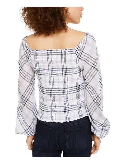 INC Womens Ivory Smocked   Ruched Cuffs Plaid Long Sleeve Square Neck Top Petites PP