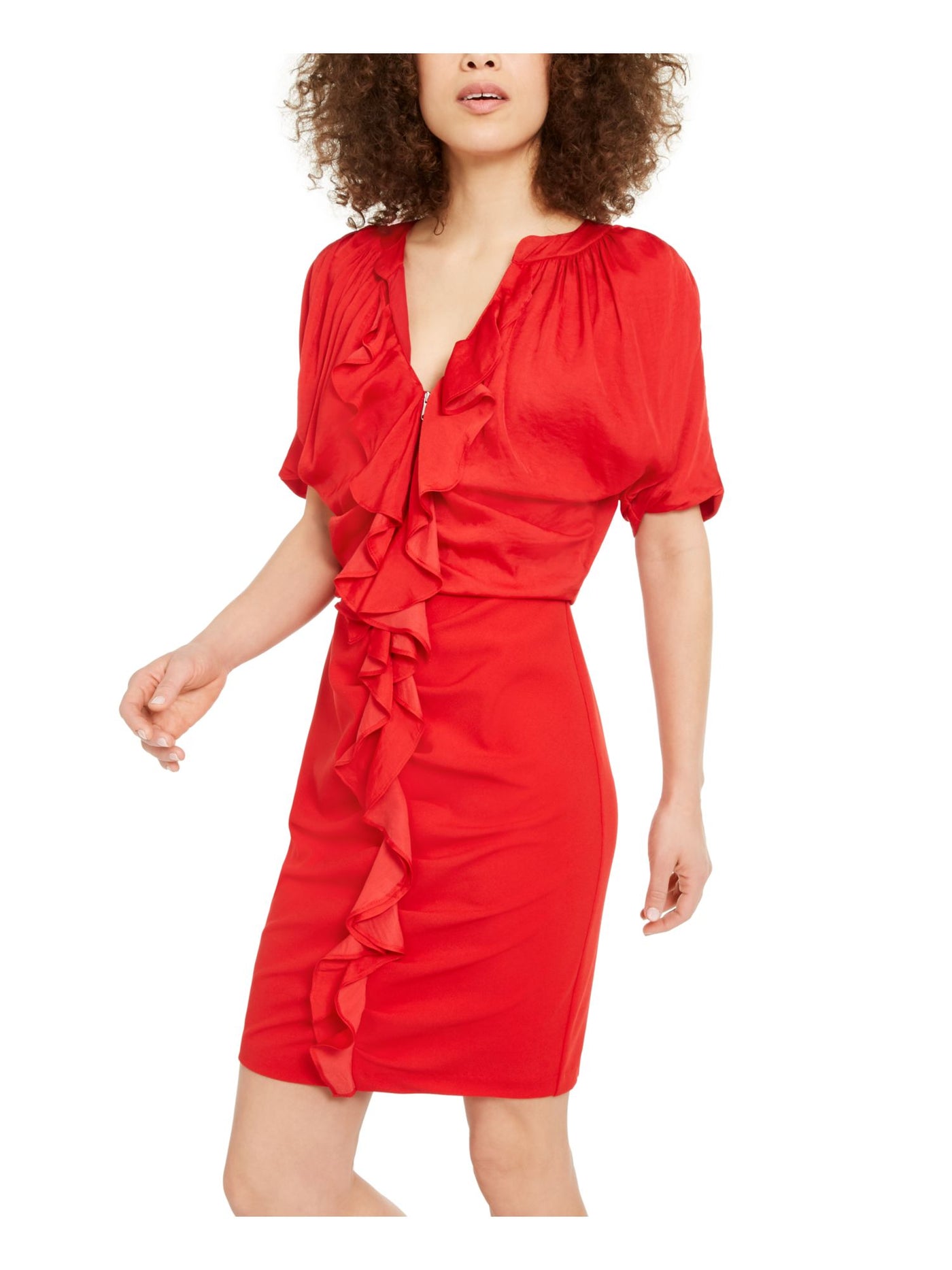 INC Womens Red Ruffled Ruched Dolman Sleeve V Neck Short Evening Body Con Dress M