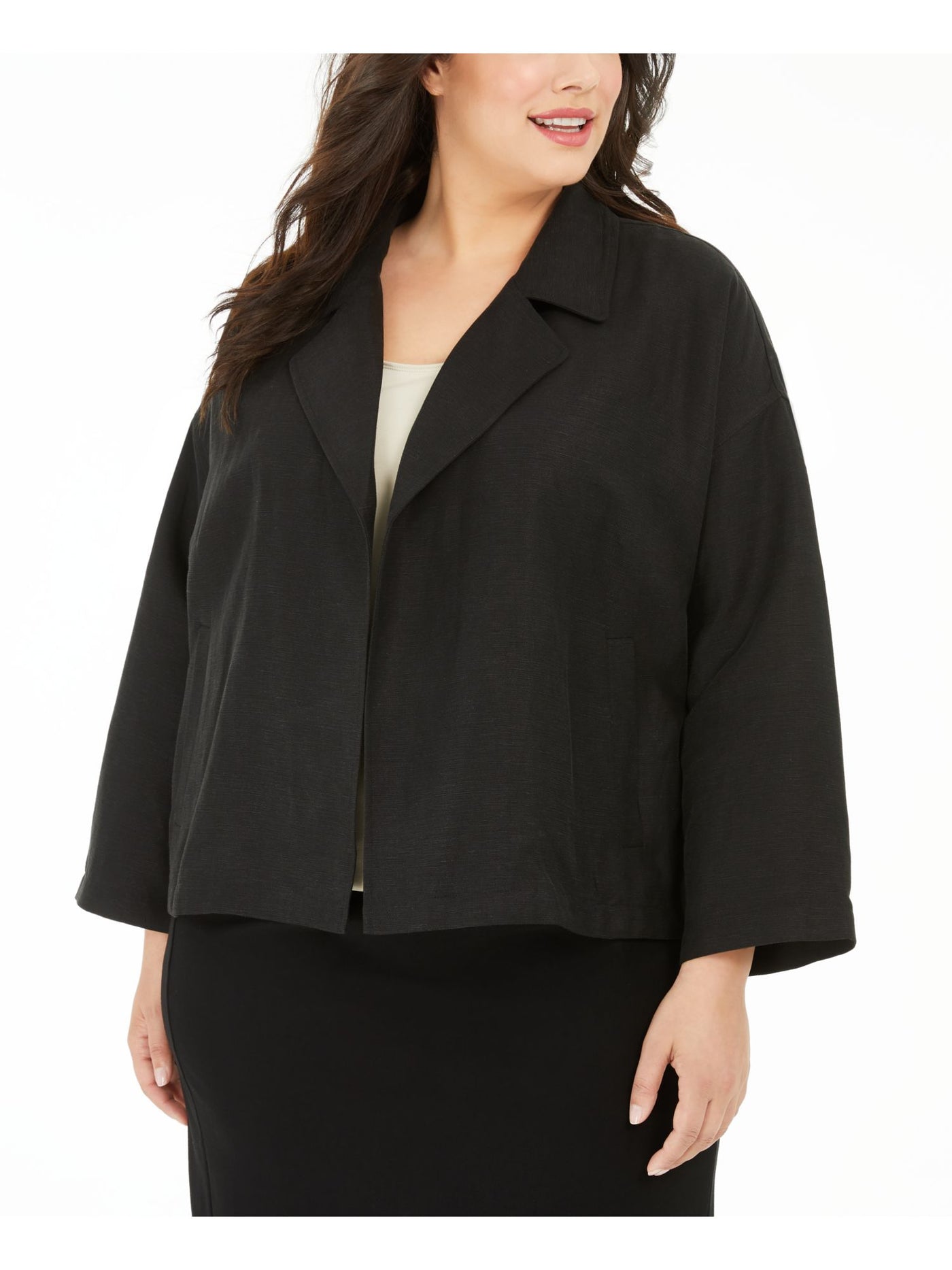 EILEEN FISHER Womens Black Pocketed Long Sleeve Open Front Wear To Work Blazer Jacket Plus 1X