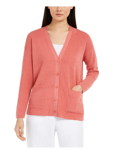 EILEEN FISHER Womens Coral Pocketed Long Sleeve Open Cardigan Sweater M