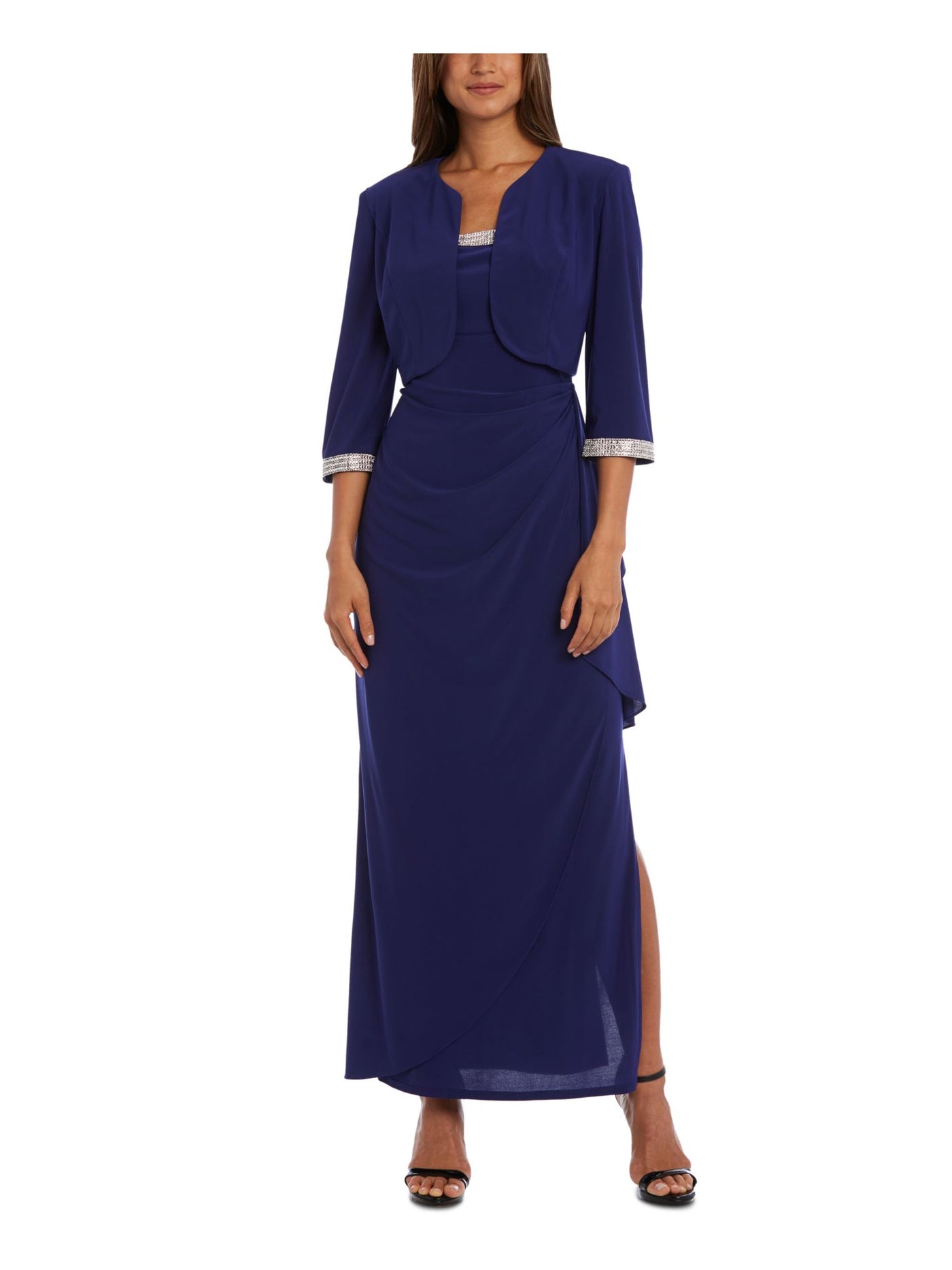 R&M RICHARDS Womens Blue Stretch Embellished Open Front 3/4 Sleeve Evening Jacket 6