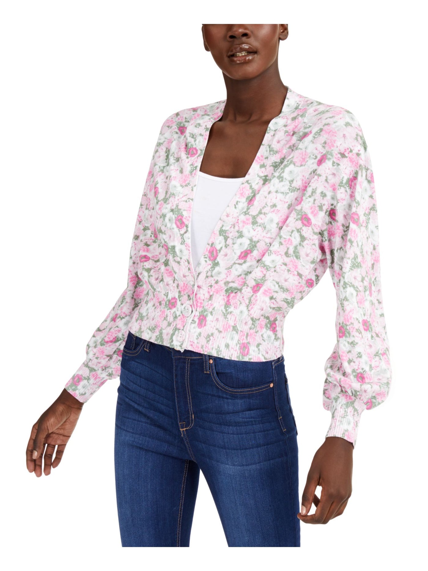 INC Womens Pink Floral Long Sleeve Open Cardigan Button Up Sweater XS