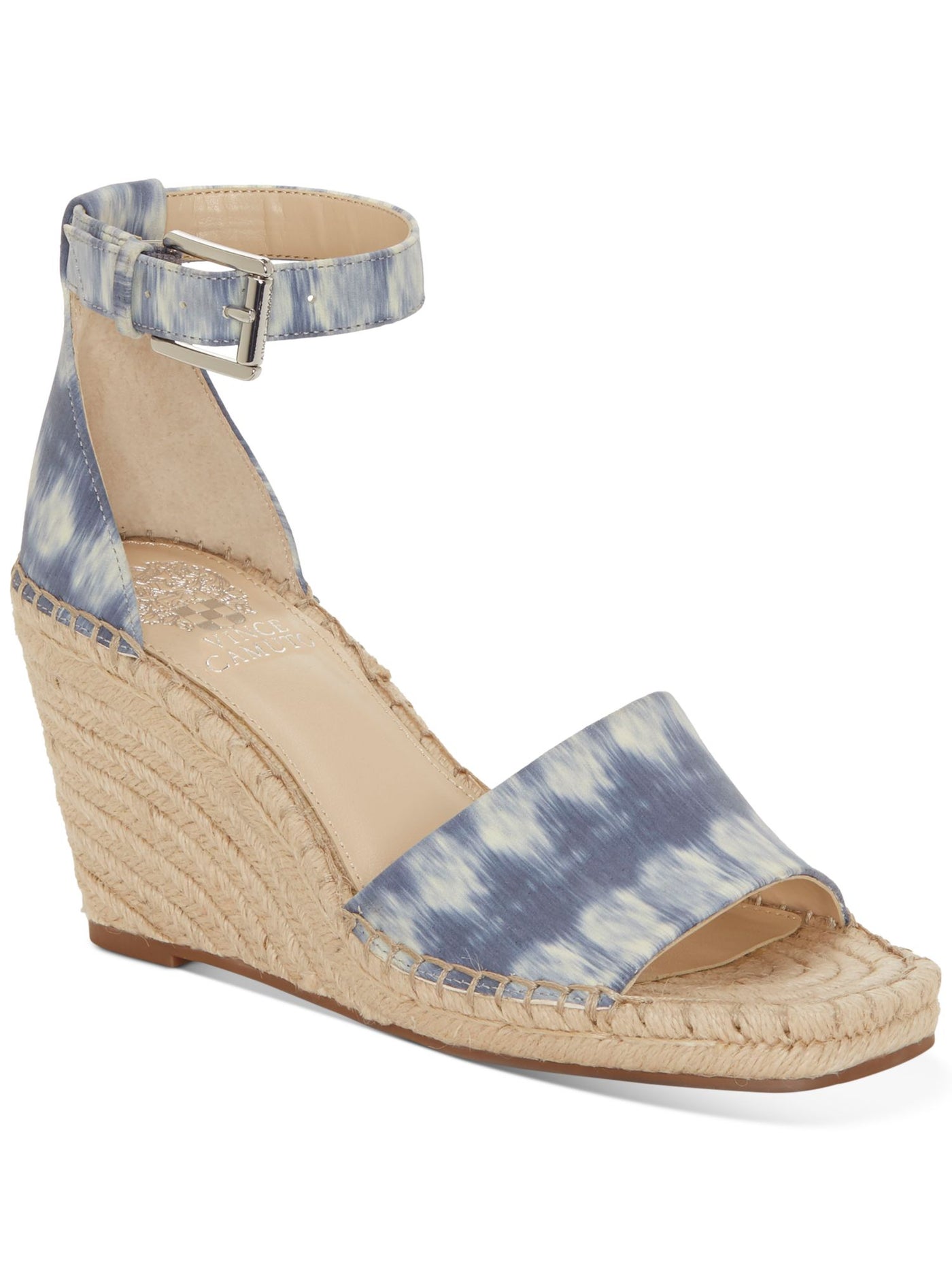 VINCE CAMUTO Womens Blue Patterned 1/2 Platform Ankle Strap Padded Maaza Square Toe Wedge Buckle Leather Espadrille Shoes 9 M