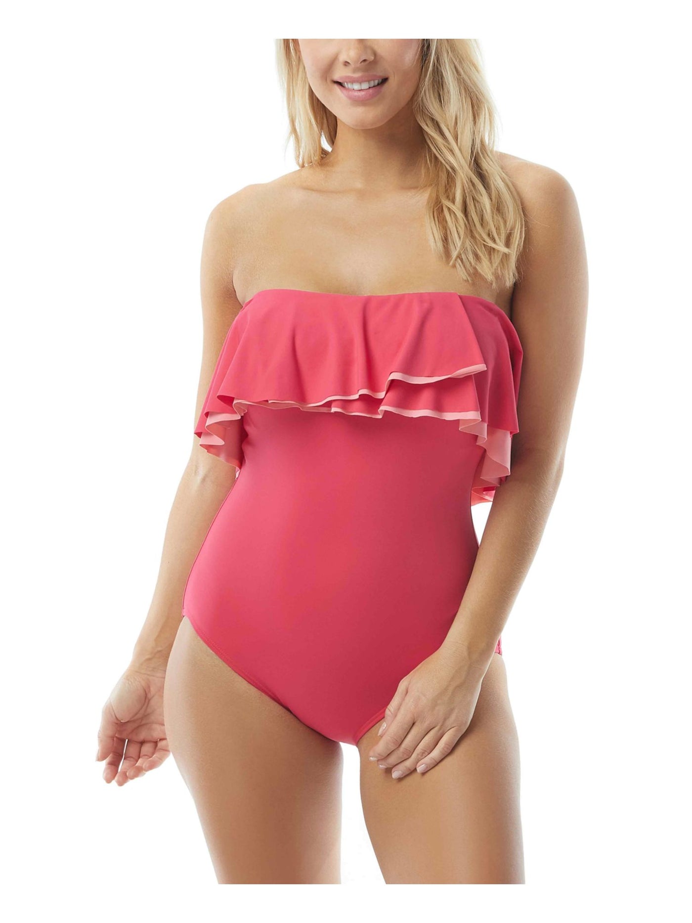 CONTOURS Women's Pink Flounced Removable Straps One Piece Swimsuit 14 38D