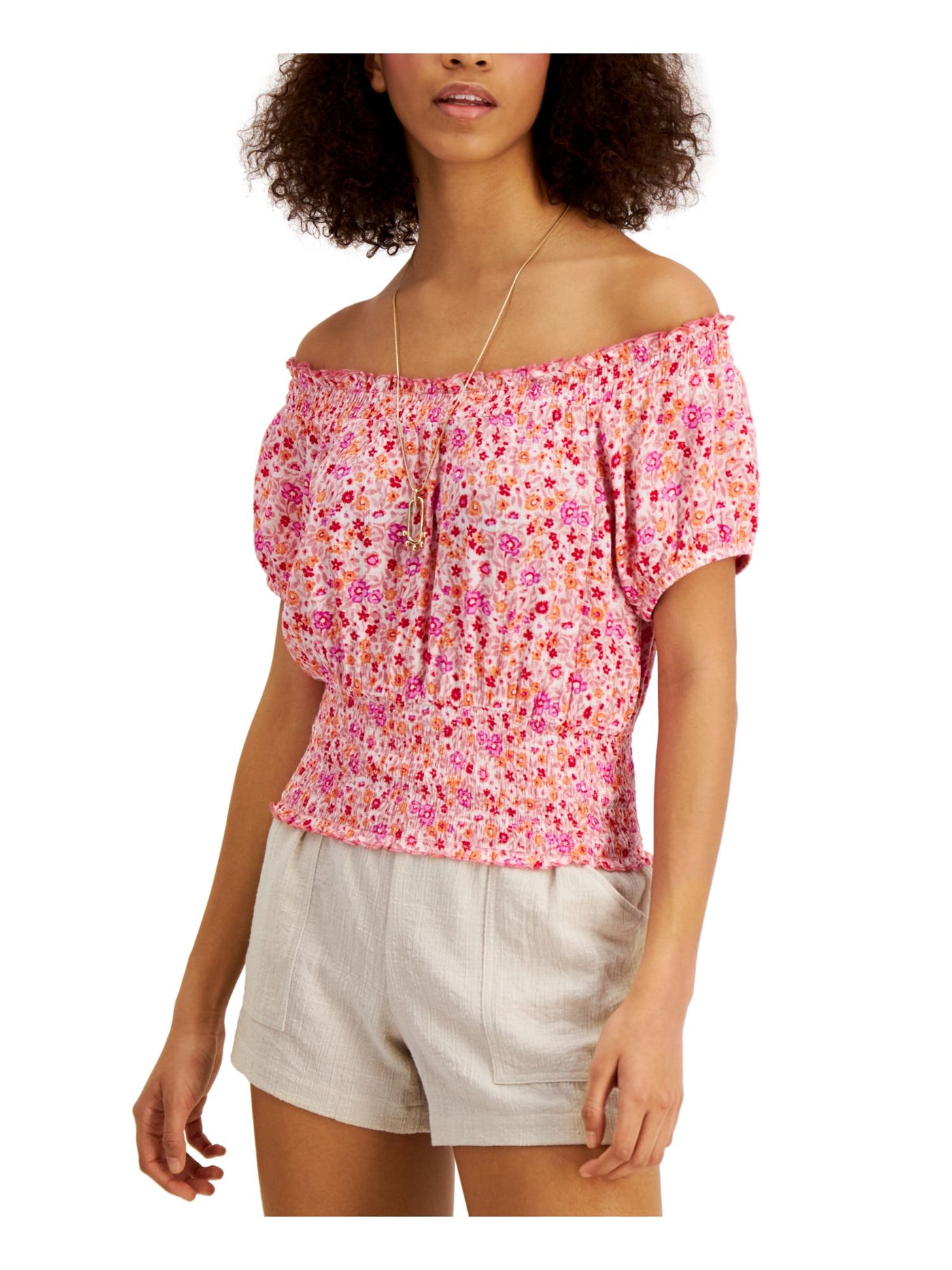 SELF E Womens Pink Smocked Relaxed Fit Floral Short Sleeve Off Shoulder Peasant Top Juniors L