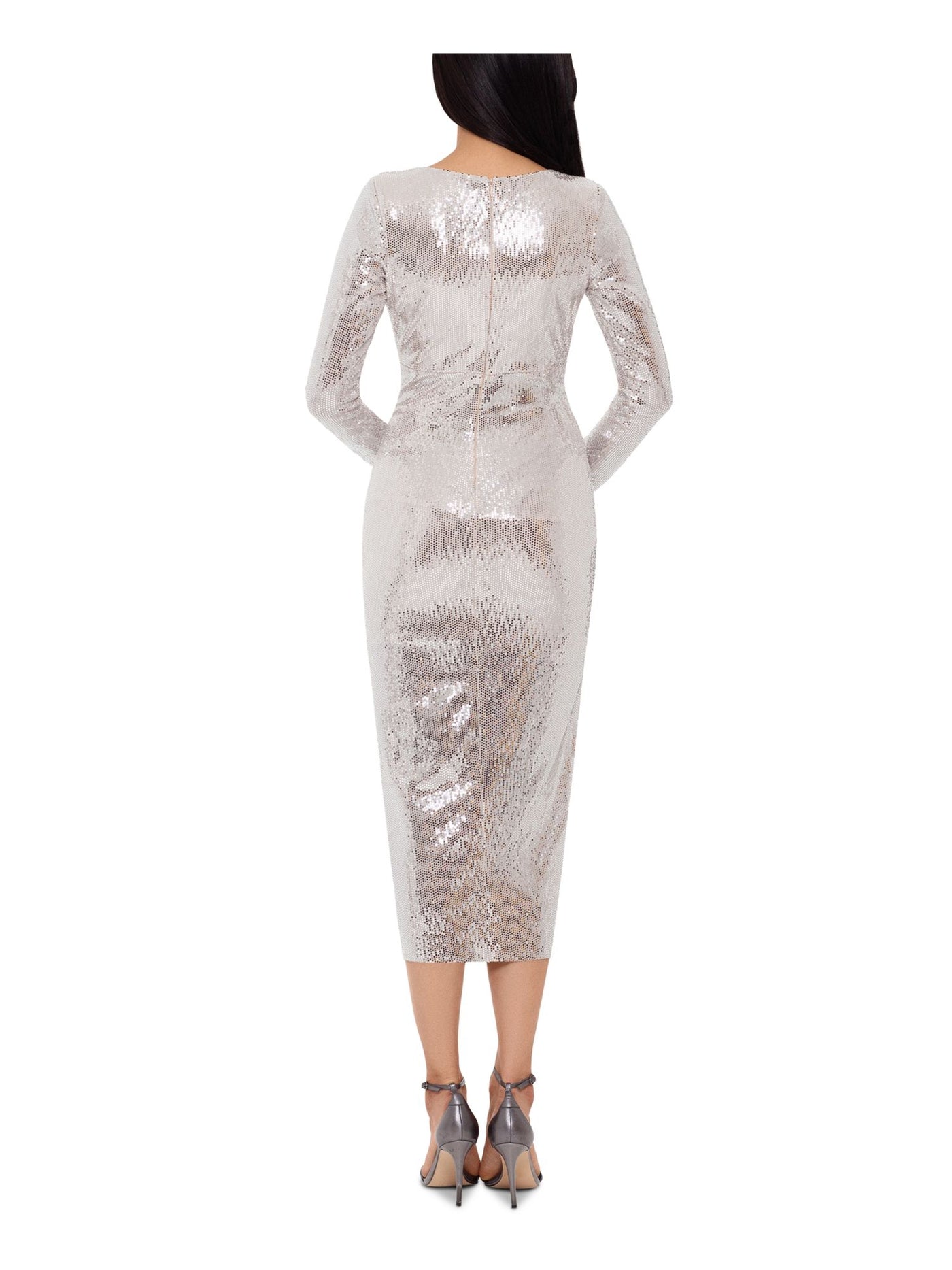 BETSY & ADAM Womens Silver Gathered Sequined Long Sleeve V Neck Midi Formal Faux Wrap Dress 4