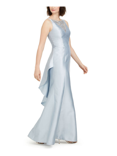 ADRIANNA PAPELL Womens Light Blue Embellished Ruffled Satin Sleeveless Illusion Neckline Full-Length Formal A-Line Dress 12