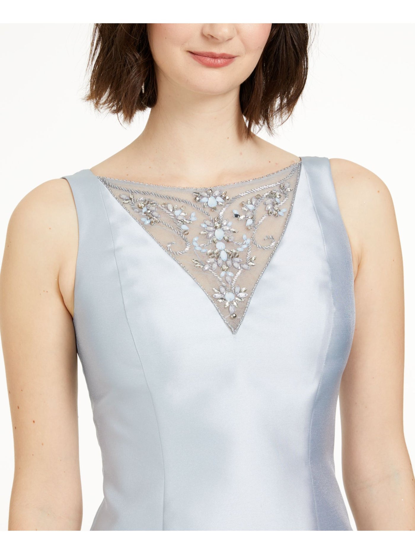 ADRIANNA PAPELL Womens Light Blue Embellished Ruffled Satin Sleeveless Illusion Neckline Full-Length Formal A-Line Dress 0