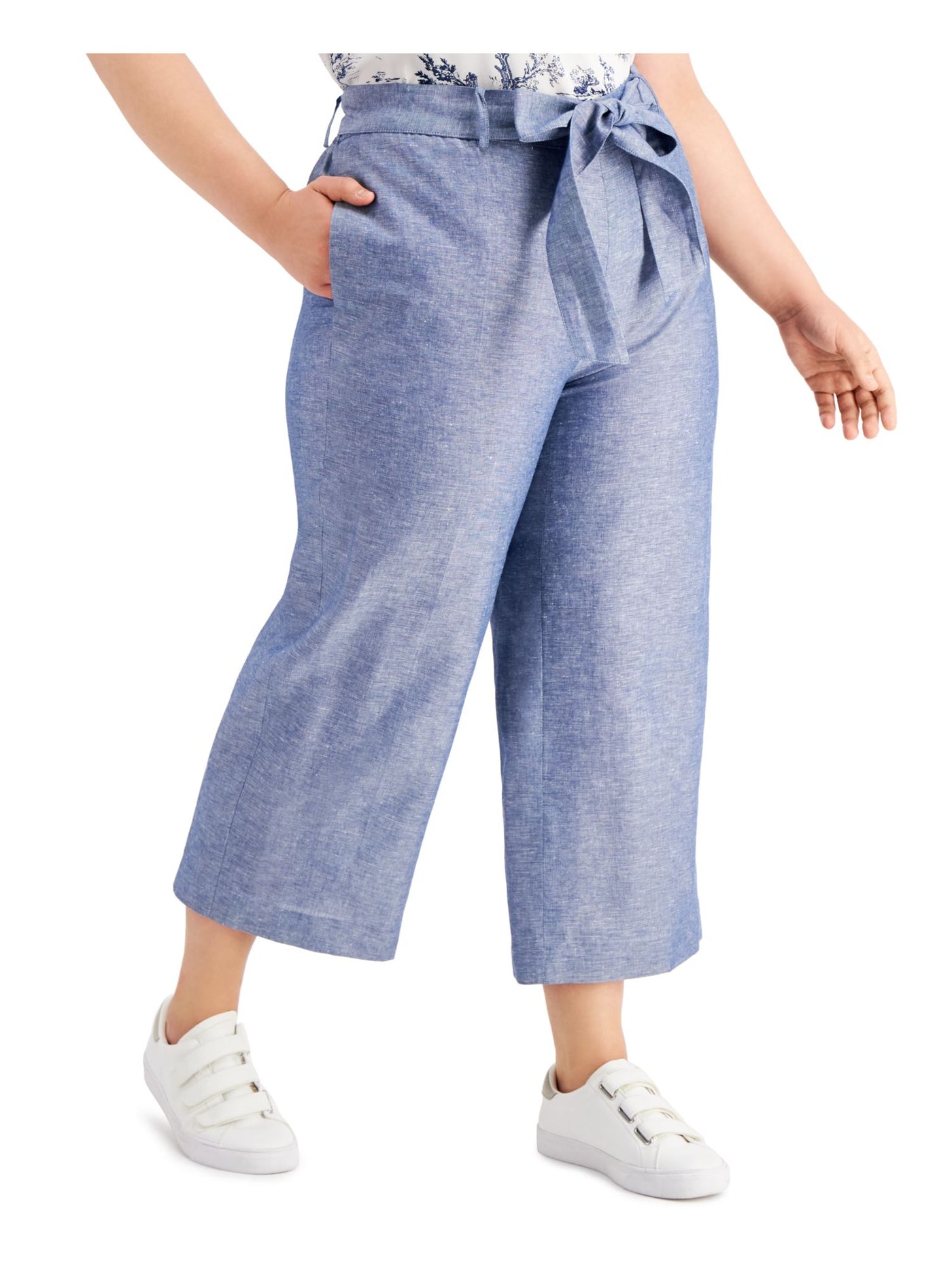 BAR III Womens Blue Pocketed Tie-waist Heather Wide Leg Pants Plus 16W