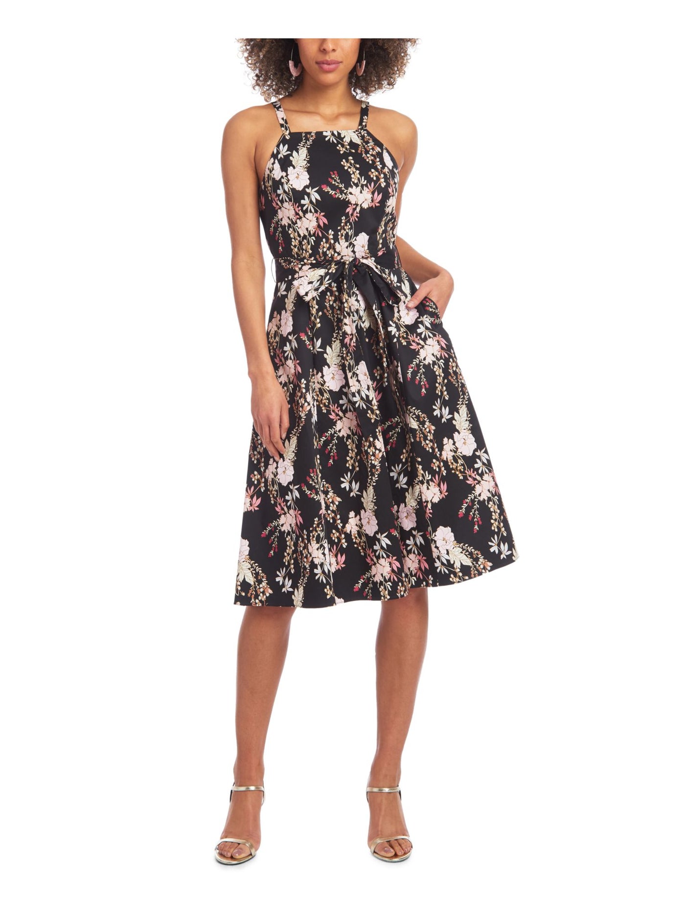 RACHEL RACHEL ROY Womens Black Pocketed Zippered Floral Spaghetti Strap Square Neck Knee Length Evening Fit + Flare Dress 0