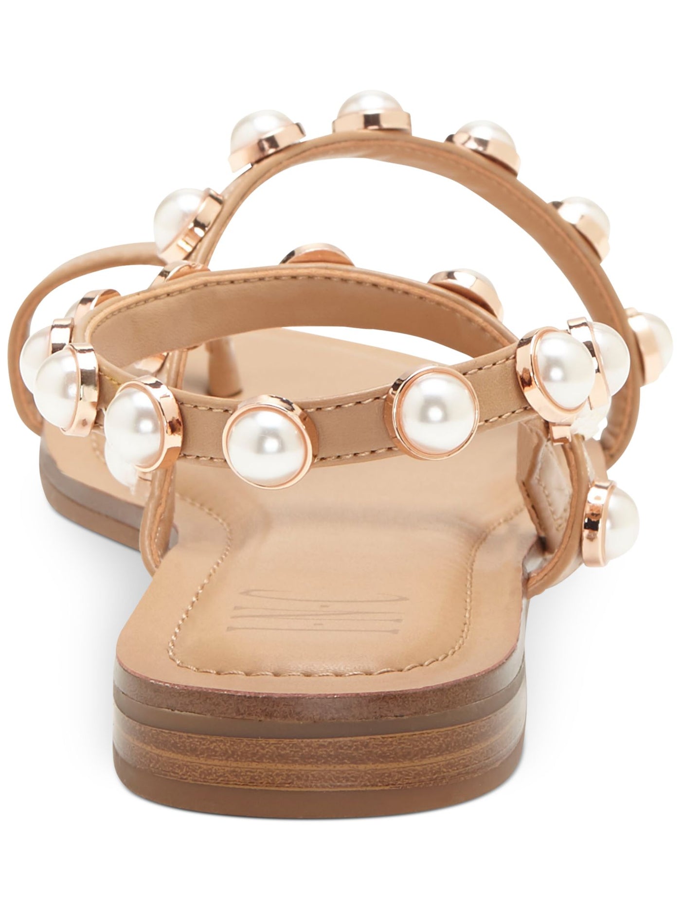 INC Womens Brown 1/2 Heel Pearls Toe-Loop Padded Embellished Jayden Round Toe Block Heel Slip On Slingback Sandal 6 M