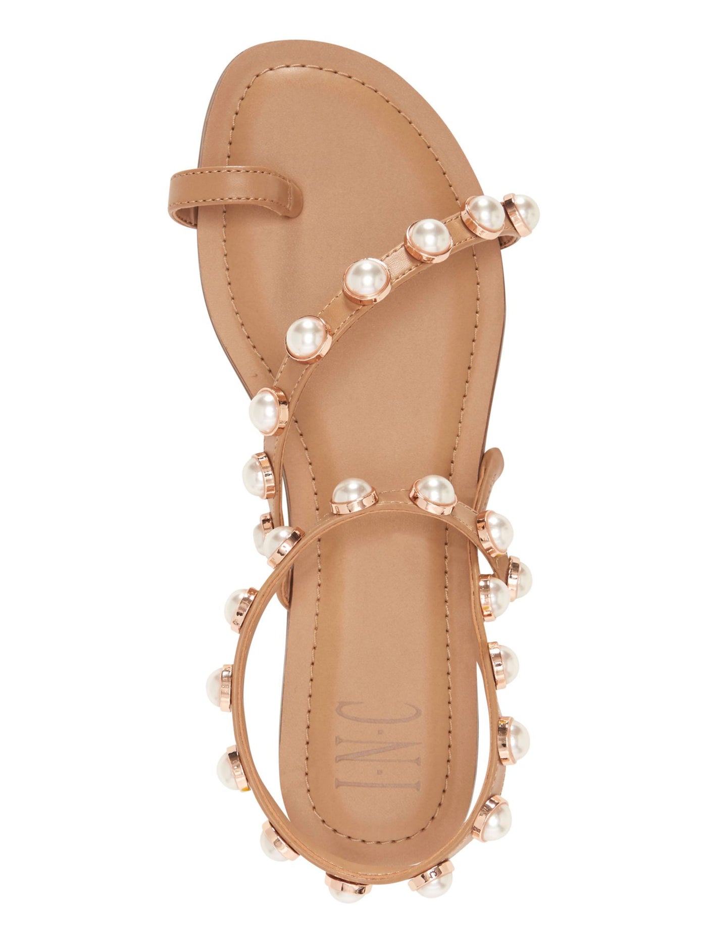 INC Womens Brown 1/2 Heel Pearls Toe-Loop Padded Embellished Jayden Round Toe Block Heel Slip On Slingback Sandal 6 M