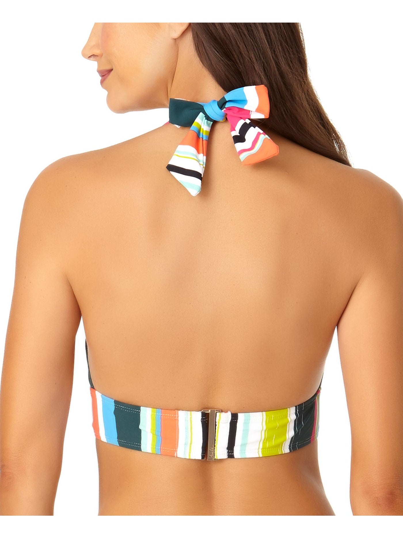 ANNE COLE Women's Multi Color Colorblocked Stripe Stretch Removable Cups Lined Deep V Neck Tie Halter Swimsuit Top XS