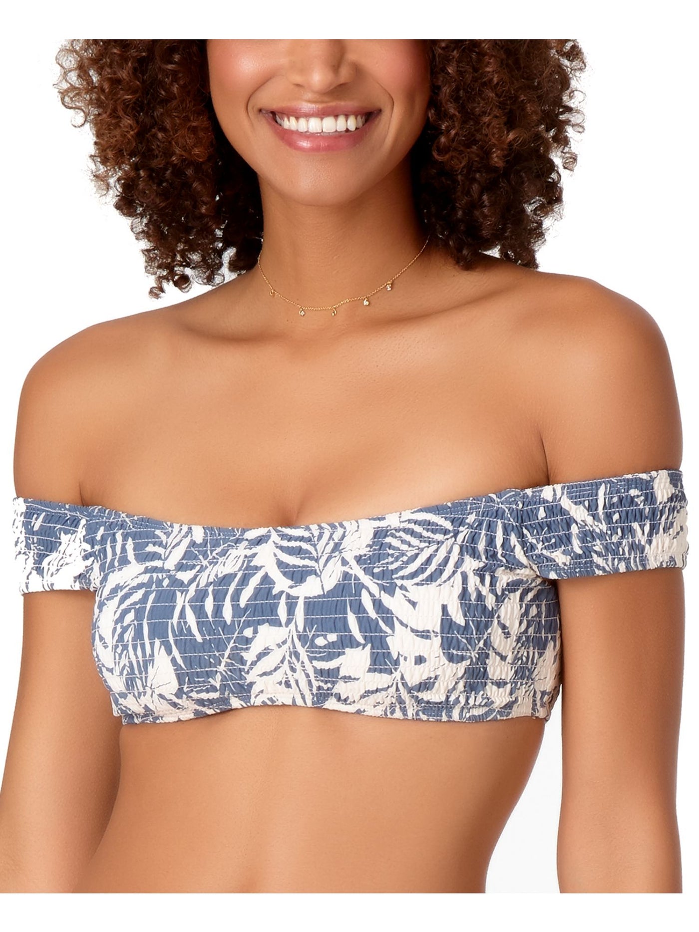 STUDIO ANN COLE Women's Blue Printed Stretch Bandeau Removable Cups Smocked Off The Shoulder Swimsuit Top L