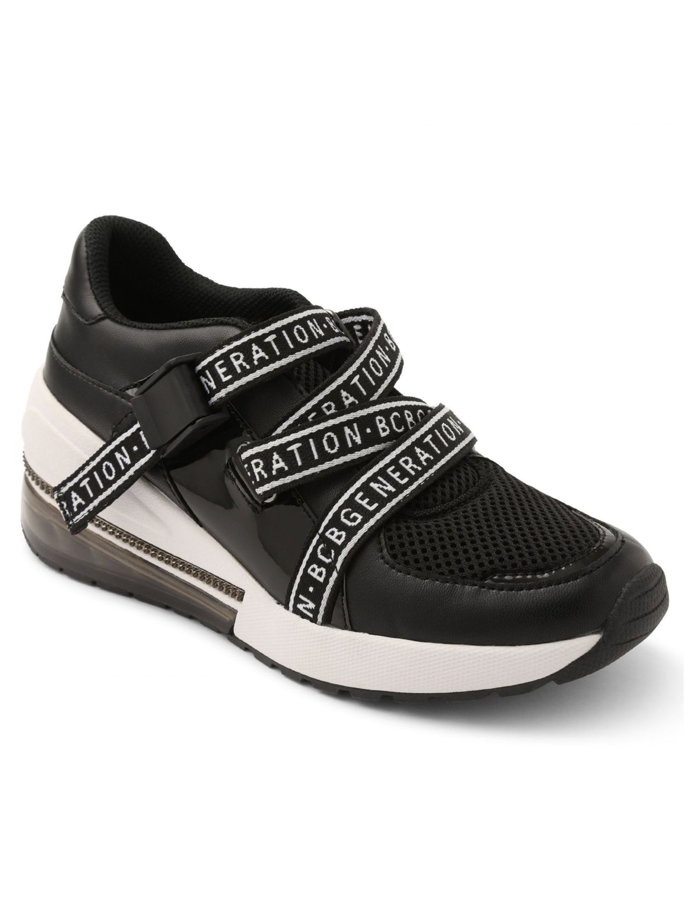 BCBGENERATION Womens Black 1" Platform Chain Hardware Logo Padded Willa Round Toe Wedge Slip On Athletic Training Shoes 8