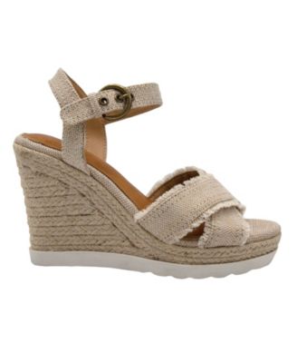 SUGAR Womens Beige Frayed Padded Jute Adjustable Strap Woven Fave Round Toe Wedge Buckle Espadrille Shoes M