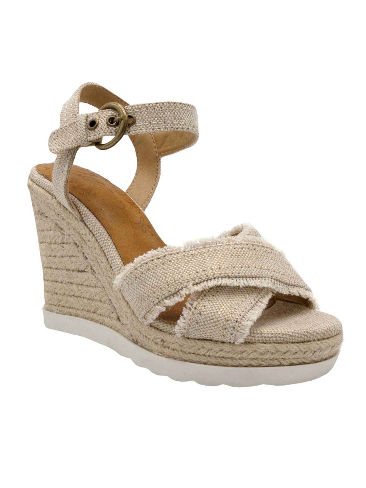 SUGAR Womens Beige Frayed Padded Jute Adjustable Strap Woven Fave Round Toe Wedge Buckle Espadrille Shoes 8 M