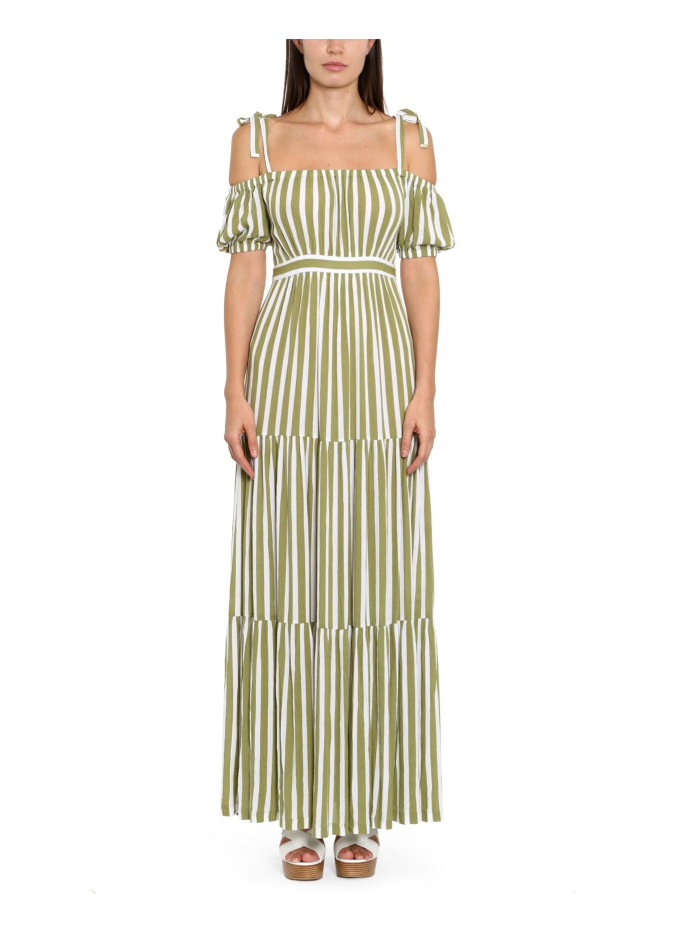 MICHAEL MICHAEL KORS Womens Green Cut Out Tie Striped Short Sleeve Square Neck Maxi Empire Waist Dress XS