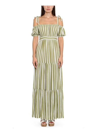 MICHAEL MICHAEL KORS Womens Green Cut Out Tie Striped Short Sleeve Square Neck Maxi Empire Waist Dress XS