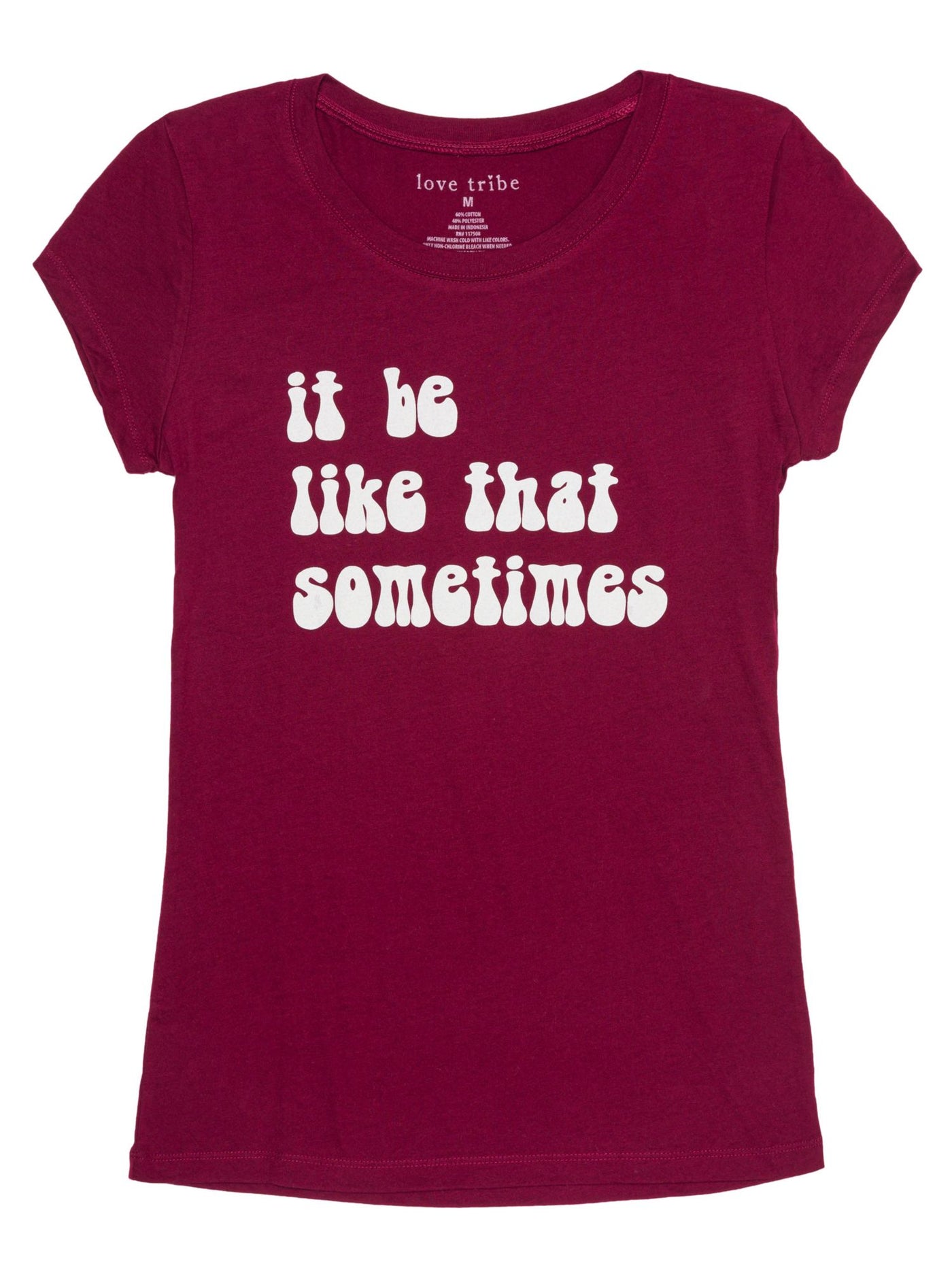 LOVE TRIBE Womens Burgundy Printed Short Sleeve Crew Neck T-Shirt Size: L