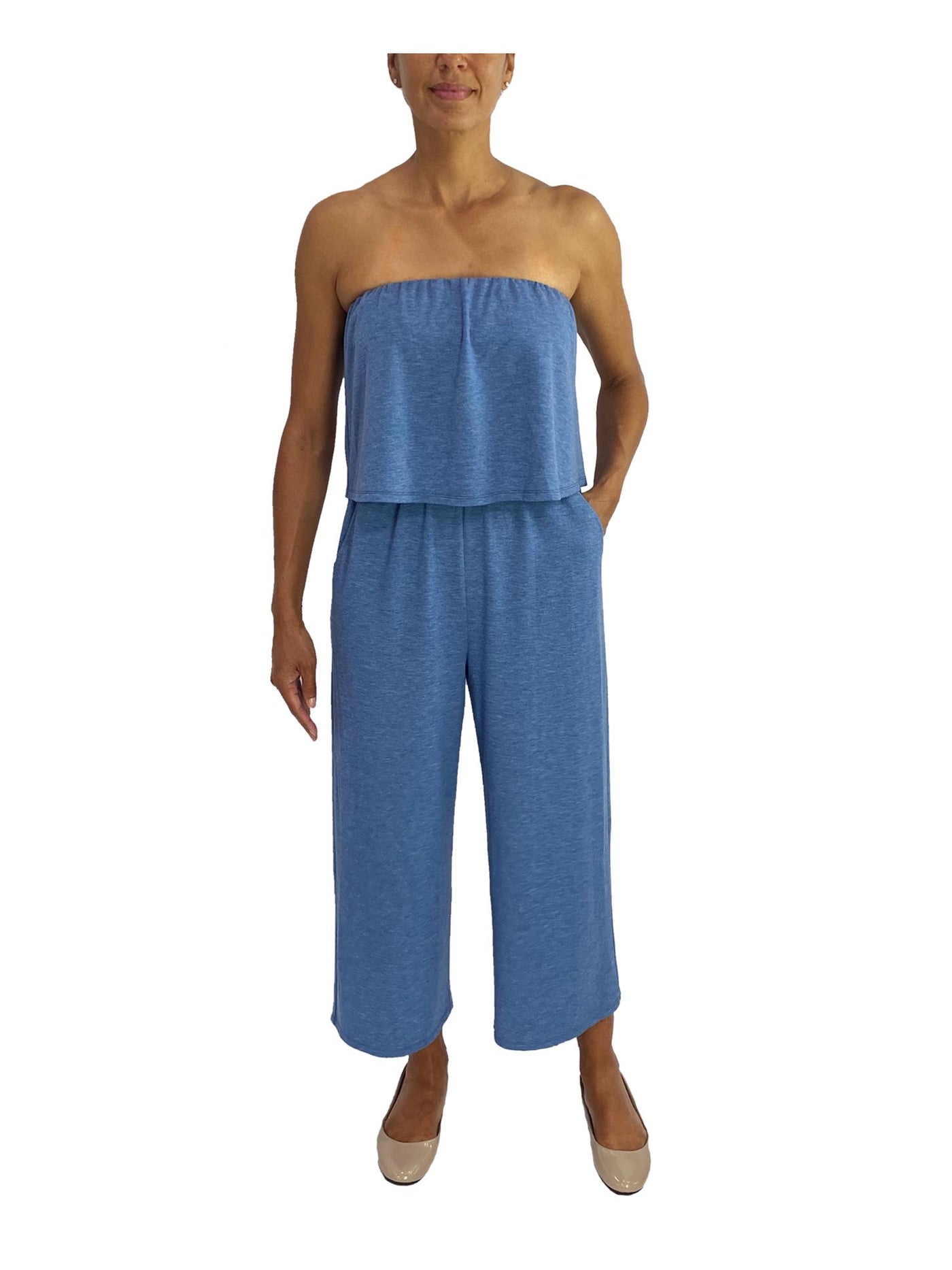 BEBOP Womens Blue Pocketed Popover Strapless Wide Leg Jumpsuit Juniors XS