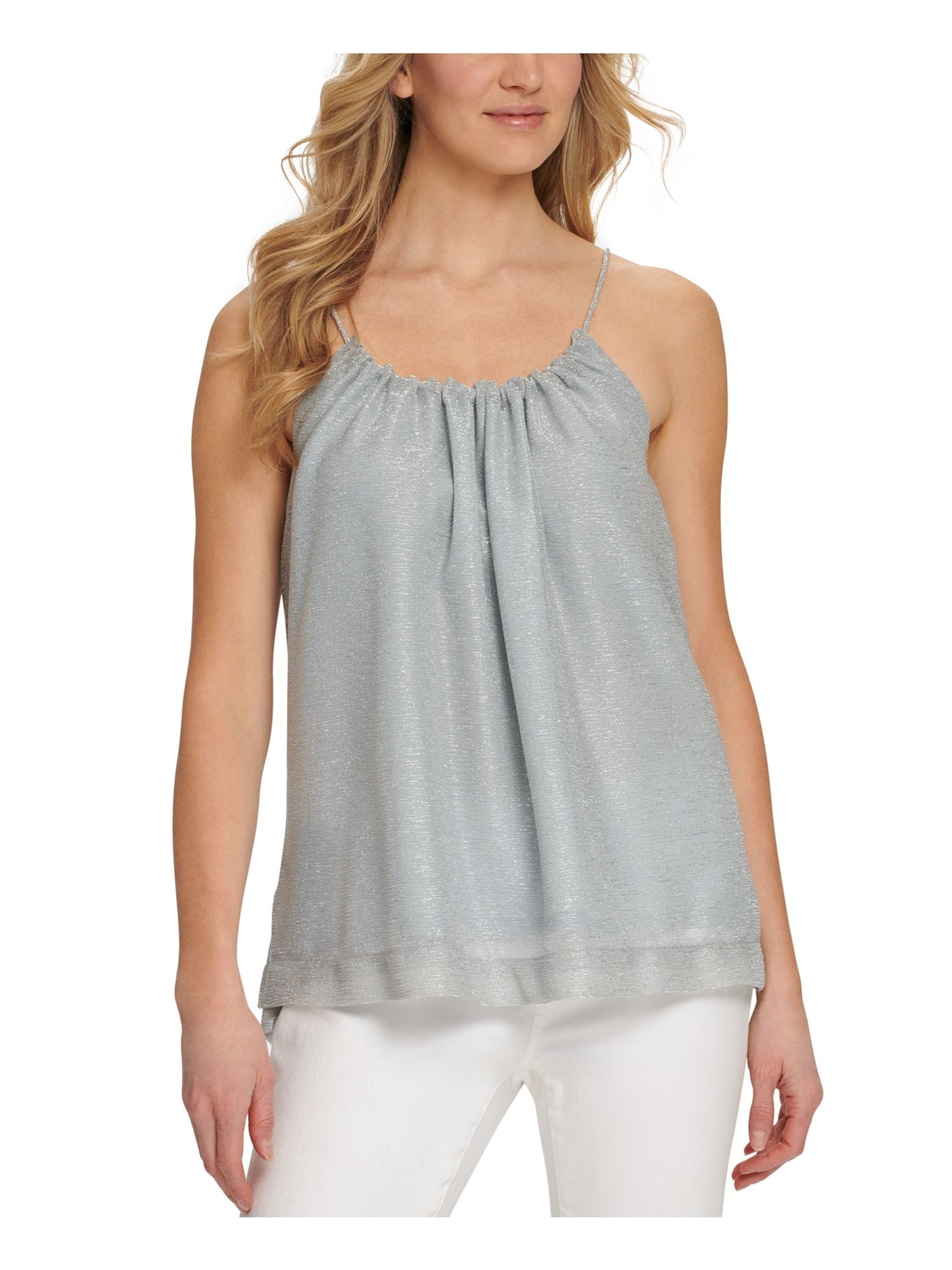 DKNY Womens Silver Textured Scoop Neck Evening Top M