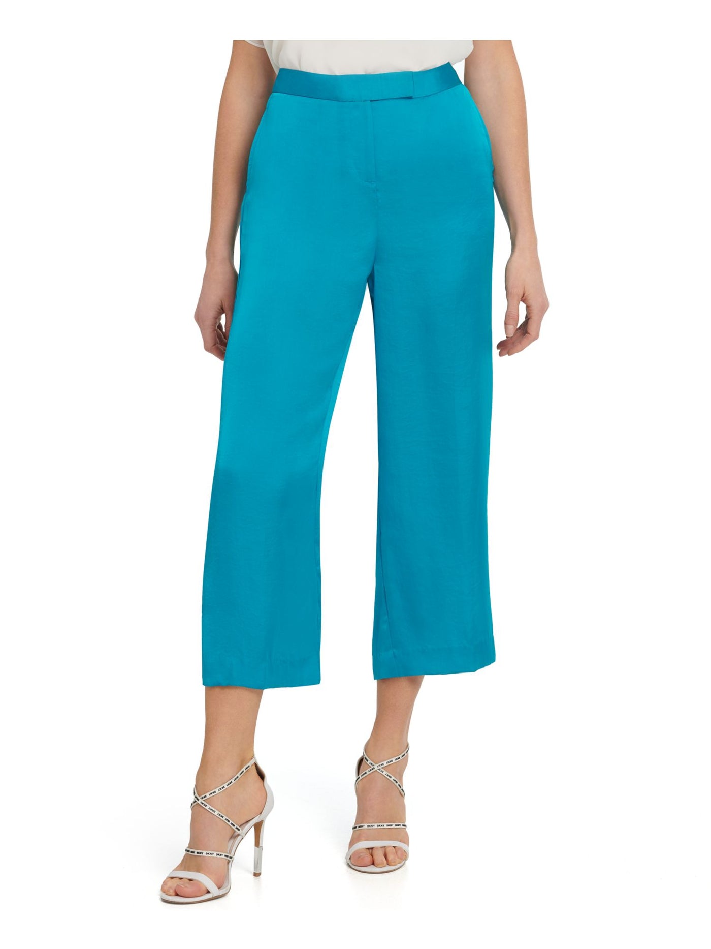 DKNY Womens Blue Zippered Pocketed Satin Cropped Wear To Work Wide Leg Pants 8