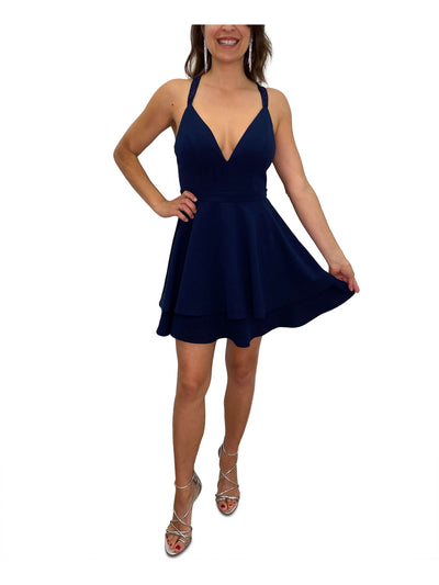 EMERALD SUNDAE Womens Blue Lace Back V Neck Short Cocktail Fit + Flare Dress Juniors 3