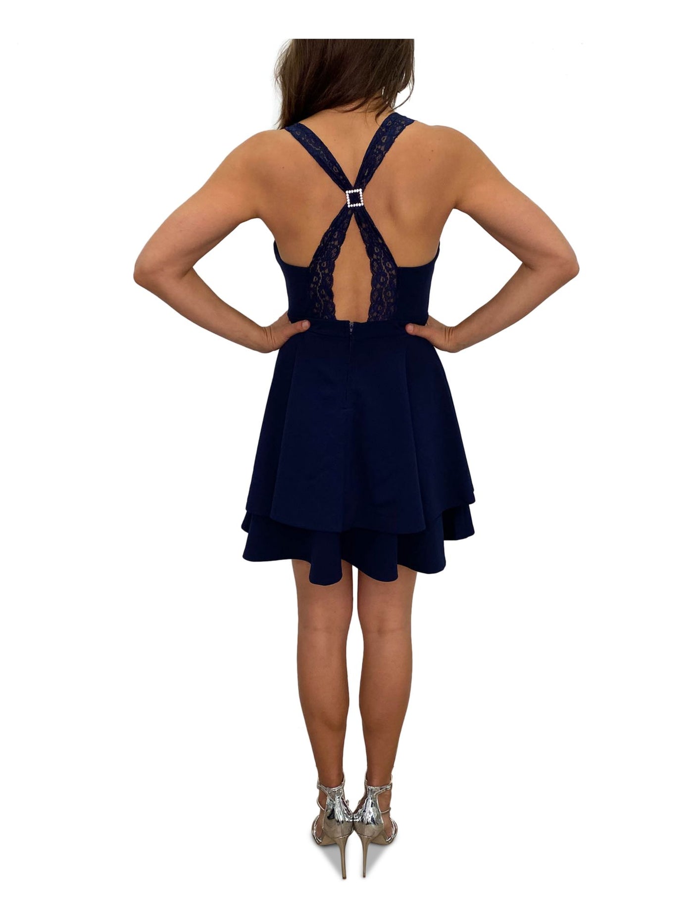 EMERALD SUNDAE Womens Navy Lace Back V Neck Short Cocktail Fit + Flare Dress Juniors 5