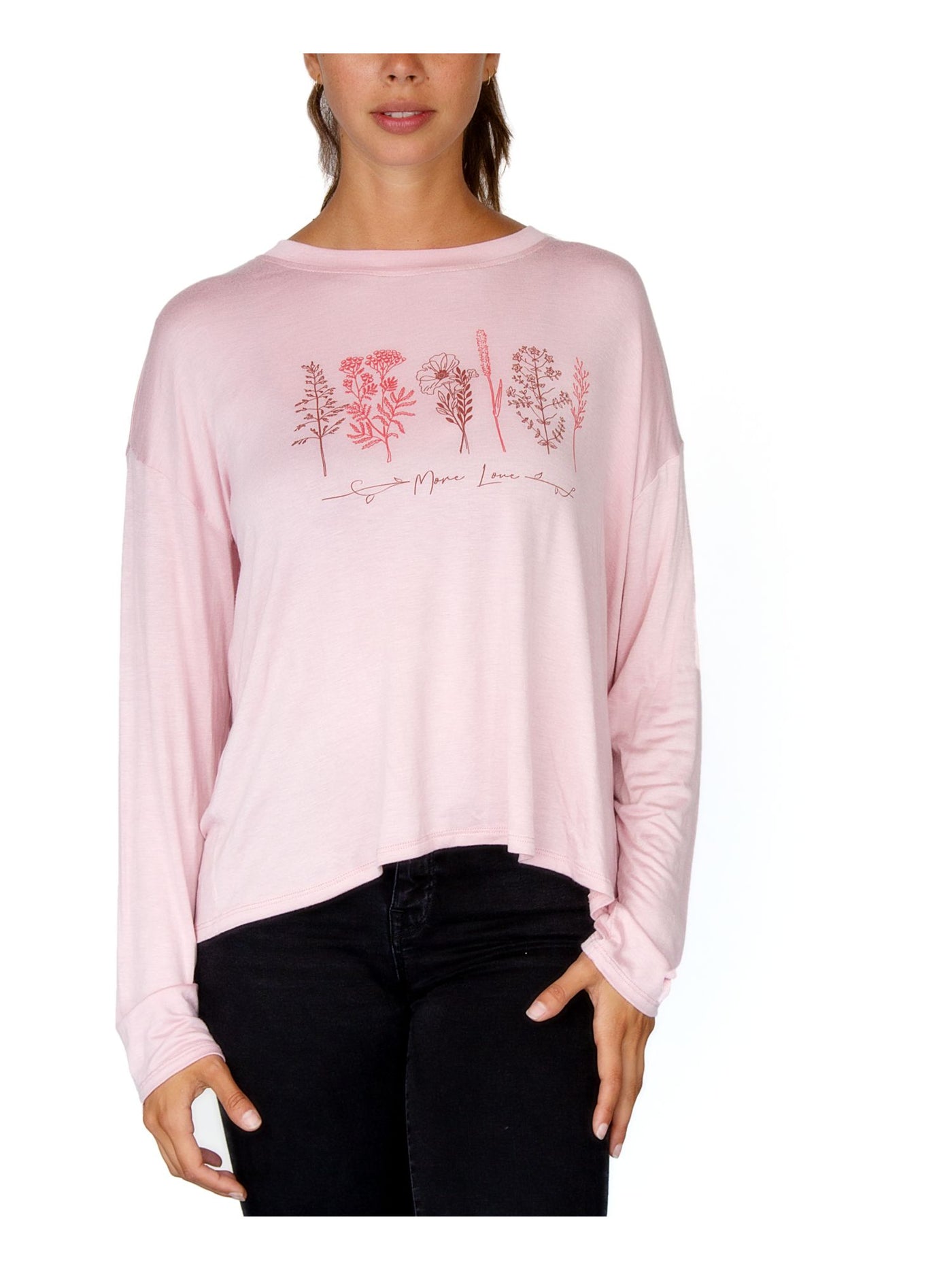 REBELLIOUS ONE Womens Pink Stretch Short Length Graphic Long Sleeve Crew Neck Top Juniors L