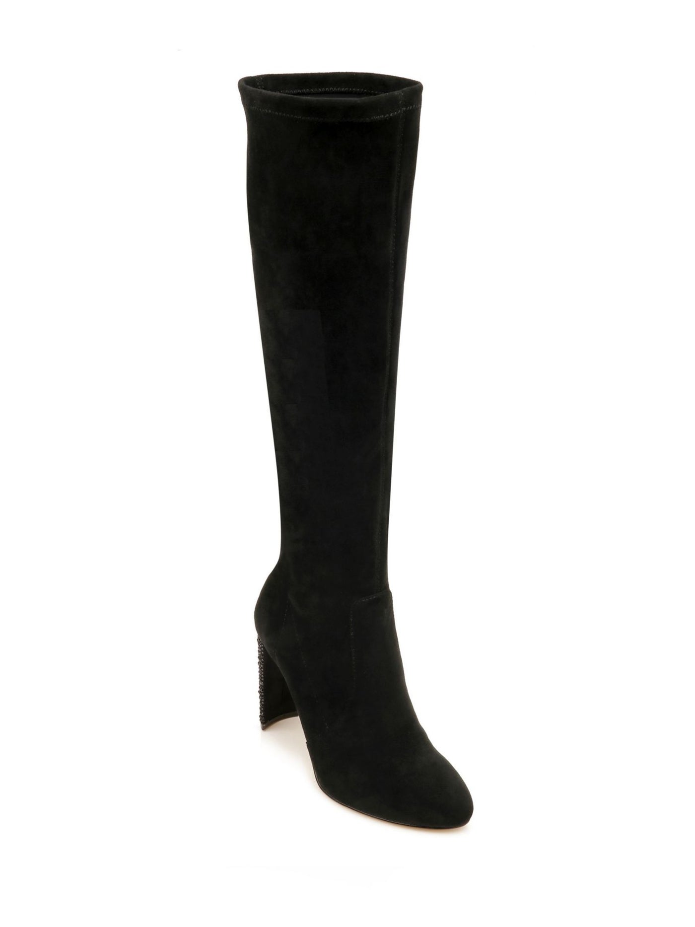 JEWEL BADGLEY MISCHKA Womens Black Rhinestone Heel Stretch Padded Evalina Square Toe Block Heel Heeled Boots 9 M