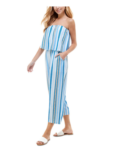 BEBOP Womens Blue Stretch Pocketed Popover Bodice Striped Off Shoulder Cropped Jumpsuit Juniors XS