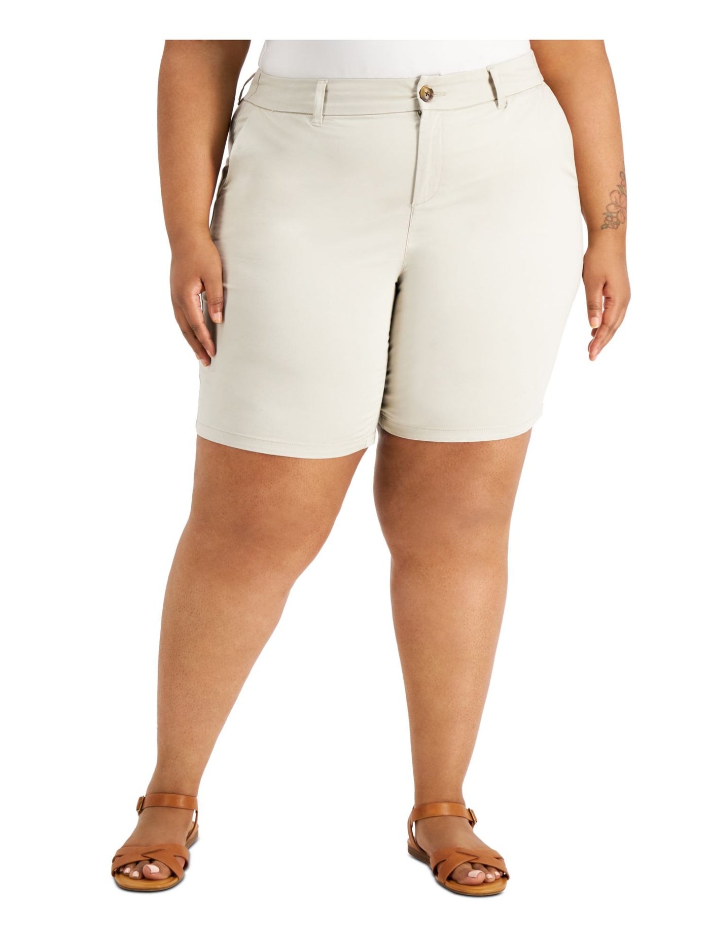 STYLE & COMPANY Womens Beige Stretch Zippered Pocketed Chino Elastic Waist Bermuda Shorts Plus 24W