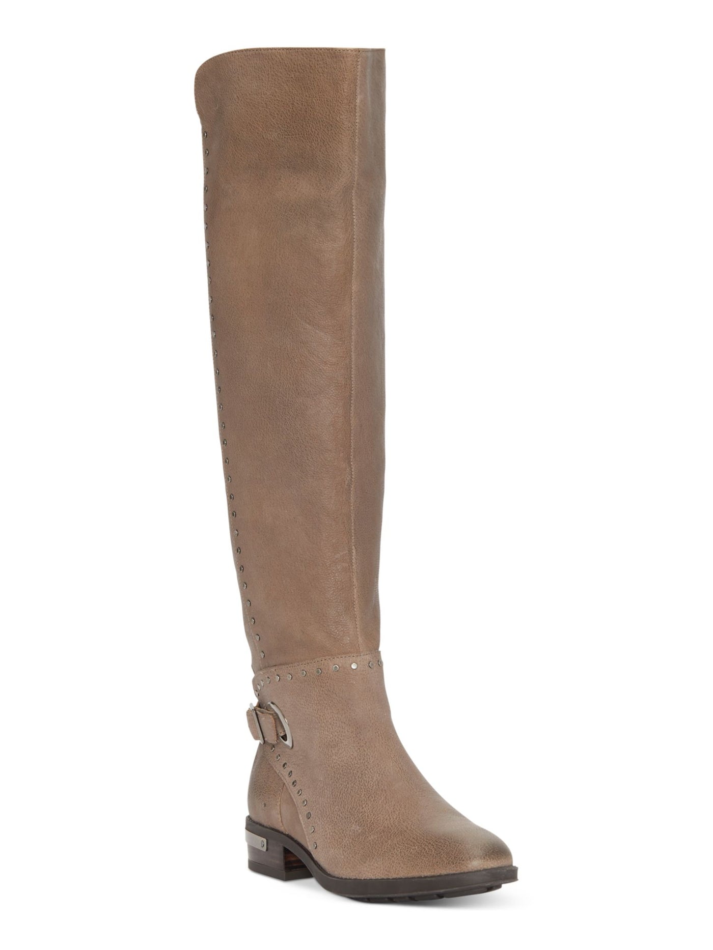 VINCE CAMUTO Womens Beige Heel Accent Cushioned Studded Round Toe Stacked Heel Zip-Up Leather Riding Boot 5