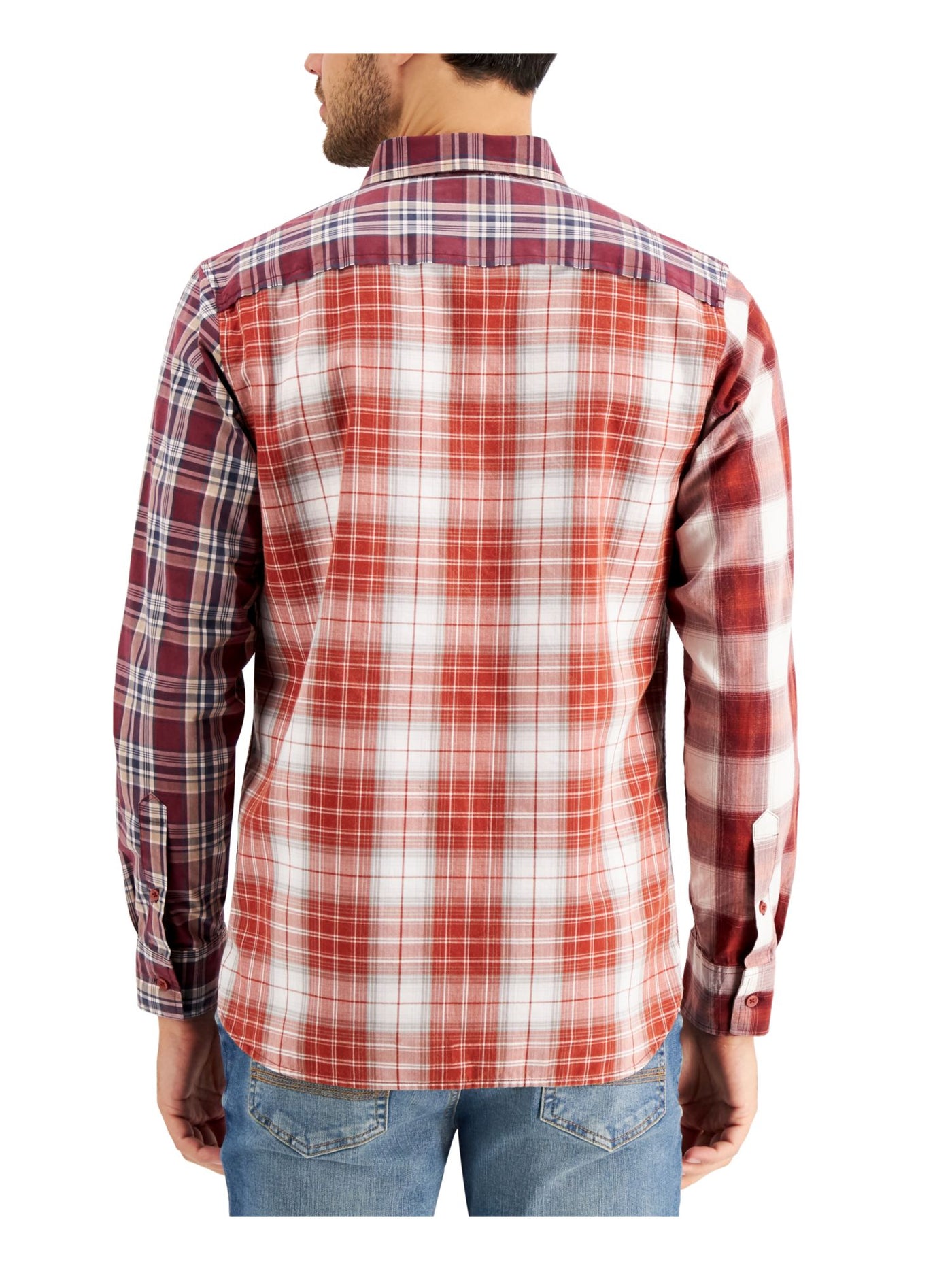 SUN STONE Mens Red Plaid Long Sleeve Point Collar Classic Fit Button Down Cotton Shirt S