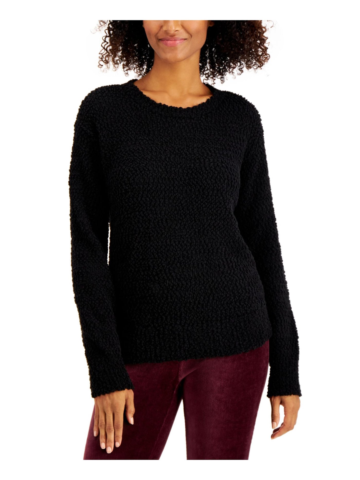 STYLE & COMPANY Womens Black Teddy Long Sleeve Crew Neck Sweater Petites PS